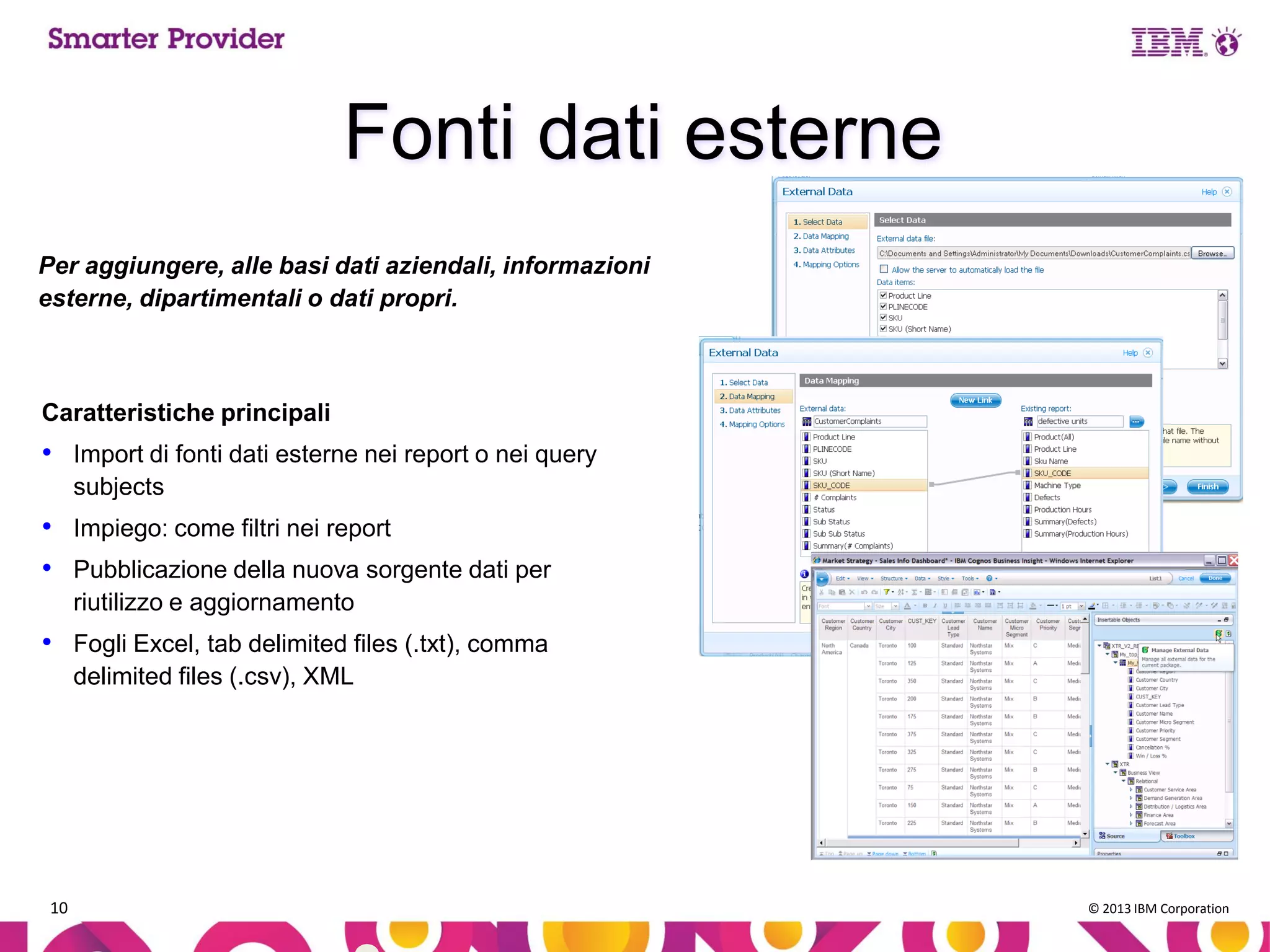 Fonti dati esterne
Per aggiungere, alle basi dati aziendali, informazioni
esterne, dipartimentali o dati propri.

Caratteristiche principali

• Import di fonti dati esterne nei report o nei query
subjects

• Impiego: come filtri nei report
• Pubblicazione della nuova sorgente dati per
riutilizzo e aggiornamento

• Fogli Excel, tab delimited files (.txt), comma
delimited files (.csv), XML

10

© 2013 IBM Corporation

 