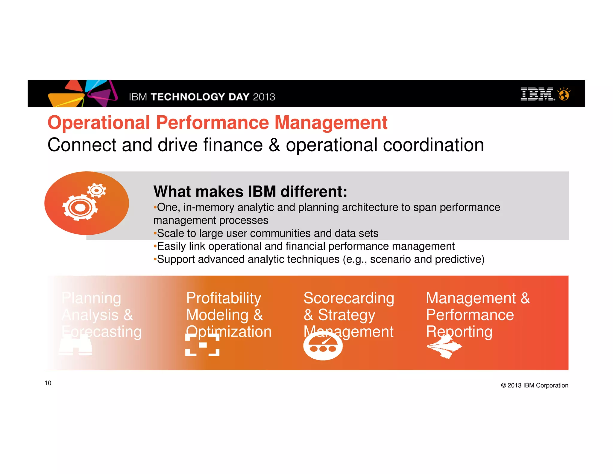 © 2013 IBM Corporation10
Operational Performance Management
Connect and drive finance & operational coordination
Profitability
Modeling &
Optimization
Scorecarding
& Strategy
Management
Planning
Analysis &
Forecasting
Management &
Performance
Reporting
Profitability
Modeling &
Optimization
Planning
Analysis &
Forecasting
Scorecarding
& Strategy
Management
Profitability
Modeling &
Optimization
Planning
Analysis &
Forecasting
Management &
Performance
Reporting
Scorecarding
& Strategy
Management
Profitability
Modeling &
Optimization
Planning
Analysis &
Forecasting
Scorecarding
& Strategy
Management
Profitability
Modeling &
Optimization
Planning
Analysis &
Forecasting
Management &
Performance
Reporting
Scorecarding
& Strategy
Management
Profitability
Modeling &
Optimization
Planning
Analysis &
Forecasting
Profitability
Modeling &
Optimization
Planning
Analysis &
Forecasting
Scorecarding
& Strategy
Management
Profitability
Modeling &
Optimization
Planning
Analysis &
Forecasting
Operational Performance Management
Connect and drive finance & operational coordination
Profitability
Modeling &
Optimization
Scorecarding
& Strategy
Management
Planning
Analysis &
Forecasting
Management &
Performance
Reporting
Profitability
Modeling &
Optimization
Planning
Analysis &
Forecasting
Scorecarding
& Strategy
Management
Profitability
Modeling &
Optimization
Planning
Analysis &
Forecasting
Management &
Performance
Reporting
Scorecarding
& Strategy
Management
Profitability
Modeling &
Optimization
Planning
Analysis &
Forecasting
Scorecarding
& Strategy
Management
Profitability
Modeling &
Optimization
Planning
Analysis &
Forecasting
Management &
Performance
Reporting
Scorecarding
& Strategy
Management
Profitability
Modeling &
Optimization
Profitability
Modeling &
Optimization
Scorecarding
& Strategy
Management
Profitability
Modeling &
Optimization
Profitability
Modeling &
Optimization
Profitability
Modeling &
Optimization
Profitability
Modeling &
Optimization
Profitability
Modeling &
Optimization
Scorecarding
& Strategy
Management
Profitability
Modeling &
Optimization
What makes IBM different:
•One, in-memory analytic and planning architecture to span performance
management processes
•Scale to large user communities and data sets
•Easily link operational and financial performance management
•Support advanced analytic techniques (e.g., scenario and predictive)
Planning
Analysis &
Forecasting
Profitability
Modeling &
Optimization
Scorecarding
& Strategy
Management
Planning
Analysis &
Forecasting
Profitability
Modeling &
Optimization
Management &
Performance
Reporting
Scorecarding
& Strategy
Management
Planning
Analysis &
Forecasting
Profitability
Modeling &
Optimization
 