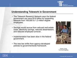 Understanding Telework in Government The Telework Research Network says the federal government can save $3.8 billion by expanding telework from 100,000 to 1.2 million eligible employees. Savings would accrue from reduced real estate costs, electricity savings, reduced absenteeism, and reduced employee turnover. Implementation has been slow in the federal government. The new law shifts from agency-developed policies to governmentwide framework. Graphic Credit: CommuterPageBlog 