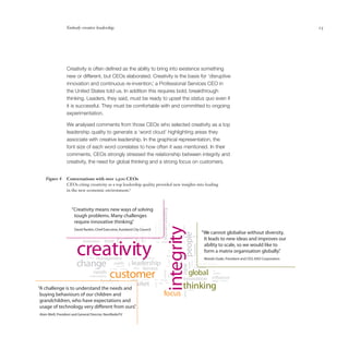 Embody creative leadership                                                                                                                                                                                                                                                                                                                  25




                  Creativity is often defined as the ability to bring into existence something
                  new or different, but CEOs elaborated. Creativity is the basis for ‘disruptive
                  innovation and continuous re-invention,’ a Professional Services CEO in
                  the United States told us. In addition this requires bold, breakthrough
                  thinking. Leaders, they said, must be ready to upset the status quo even if
                  it is successful. They must be comfortable with and committed to ongoing
                  experimentation.

                  We analysed comments from those CEOs who selected creativity as a top
                  leadership quality to generate a ‘word cloud’ highlighting areas they
                  associate with creative leadership. In the graphical representation, the
                  font size of each word correlates to how often it was mentioned. In their
                  comments, CEOs strongly stressed the relationship between integrity and
                  creativity, the need for global thinking and a strong focus on customers.


    Figure 8      Conversations with over 1,500 CEOs
                  CEOs citing creativity as a top leadership quality provided new insights into leading
                  in the new economic environment.5



                     “Creativity means new ways of solving
                                                                                                                                                                                                             sustainability




                      tough problems. Many challenges
                      require innovative thinking.
                                                 ”
                                                                                                                                                                                                      employee

                                                                                                                                                                                                                             decision
                                                                                                                                                                                             humility
                                                                       organization




                                                                                                                                                                                                                                         passion
                                                                                                                                         understand




                                                                                                                                                                                                                 integrity

                       David Rankin, Chief Executive, Auckland City Council
                                                                                                                                                                                commitment




                                                                                                                                                                                                                                                                                                    “We cannot globalise without diversity.
                                                                                                                                                                                                                     people
                                                                                                                                                                       sector
                                                                                      government




                                                                                                                    exibility




                                                                                                                                                                                                                                         water




                                                                                                        strategy
                                                                                                                                                                                                                                                                 future
                                                                                                                                                                                                                                                                                                     It leads to new ideas and improves our

                         creativity
                                                                                                                                                                                think
                                                                                                                                                      responsibility




                                                                                                   products
                             dedication                    trust
                                                                                                                                safety




                                                                                                                                                                                                             quality
                                                                                                                                                                                                                                           team




                                                                                                                                                                                                 drive

                                                                                                                                                                                                                                                                                                     ability to scale, so we would like to
                                                                                                                                                                                                                                                                      capability




                                                                                                                                                                                                                                                                                                     form a matrix organisation globally.  ”
                                                                                                                                                                                                                            growth




                                                                                                                                                                                                                                                                                        direction

                                                                                                                                                                                                                       skills
                                                   management
                                                                                                                                                                                                                                                                                     challenge




                                                                                                                                                                                                                                                                                                           Motoki Ozaki, President and CEO, KAO Corporation
                               know




                                                                                                                                             development


                         change
                                      strategic                                                             communication                                                                                                                  personal
                                                                                                                                                                                                                                                                         political




                                                                                                                 leadership
                                                                                                                                                                                                                           power




                                                                                                                                                                                                                                                         complexity




                                                                                                                                                                                                                                                                                                 balance

                                                                     public                                                                                                                                                                                                                      openness
                                                                                                                                                                                                                                          model
                                                                                                          high




                                                                                                                                                                                                                                        new




                                                                                                                                                                                                                                                                         risks


                                                                                                                                               fairness
                                                                         collaboration                                                                                                                                 ideas
                                                                                                                                                                                                                                                                        environment



                                                               customer
                                                                                                                   value

                                                                                                                                                                                                                                                      global
                                                  vision            energy
                                                             cost




                                                                                       technology

                                             needs                                                                                                                                                                                                                                                              risk
                                                                                                                                                                                                                 service




                                                                                                                                                                                                                                                                                                                qualities
                                                                                                                                                                                                                           unique




                                      understanding
                                                                                                                                                                                                                                          innovation in uence
                                                           leaders                                               culture                       successful                                     social         nancial
                                                                                                                                                                                                                                                     open services
                                                                                                                market                                                                                                                    thinking
                                                                                                       others
                                                                                                   knowledge




                                                                                                                                                                                                        time        complex
                                                                                                                                                                                              sense




                                                                             local

“A challenge is to understand the needs and
                                                                                                                                                                                                                  focus
                                                                                                                                                                                                                                                   transparency
                                                                                                                                                                                                                                           speed




 buying behaviours of our children and
 grandchildren, who have expectations and
 usage of technology very di erent from ours.
                                            ”
Alain Weill, President and General Director, NextRadioTV
 