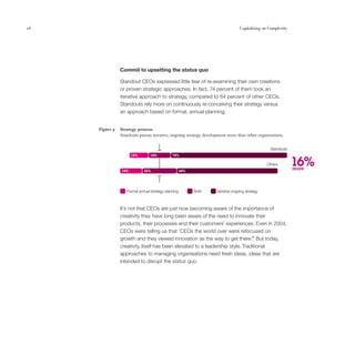 26                                                                               Capitalising on Complexity




                Commit to upsetting the status quo

                Standout CEOs expressed little fear of re-examining their own creations
                or proven strategic approaches. In fact, 74 percent of them took an
                iterative approach to strategy, compared to 64 percent of other CEOs.
                Standouts rely more on continuously re-conceiving their strategy versus
                an approach based on formal, annual planning.


     Figure 9   Strategy process
                Standouts pursue iterative, ongoing strategy development more than other organisations.


                                                                                                 Standouts


                                                                                                              16%
                      12%        14%          74%

                                                                                                Others
                14%          22%                     64%
                                                                                                              more



                   Formal annual strategy planning         Both    Iterative ongoing strategy



                It’s not that CEOs are just now becoming aware of the importance of
                creativity they have long been aware of the need to innovate their
                products, their processes and their customers’ experiences. Even in 2004,
                CEOs were telling us that ‘CEOs the world over were refocused on
                growth and they viewed innovation as the way to get there.’6 But today,
                creativity itself has been elevated to a leadership style. Traditional
                approaches to managing organisations need fresh ideas, ideas that are
                intended to disrupt the status quo.
 