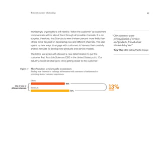 Reinvent customer relationships                                                                                         45




                      Increasingly, organisations will need to ‘follow the customer’ as customers
                      communicate with or about them through all possible channels. It is no            “Our customers want
                      surprise, therefore, that Standouts were thirteen percent more likely than         personalisation of services
                      others to be focused on developing new and different channels. This also           and products. It is all about
                      opens up new ways to engage with customers to harness their creativity             the market of one. ”
                      and co-innovate to develop new products and service models.                        Tony Tyler, CEO, Cathay Pacific Airways

                      The CEOs we spoke with showed a new determination to put the
                      customer first. As a Life Sciences CEO in the United States put it, ‘Our
                      industry model will change to drive getting closer to the customer.”


          Figure 17   More Standouts seek new paths to customers
                      Finding new channels to exchange information with customers is fundamental to
                      providing desired customer experiences.


                      Others
                                                              45%
     Use of new or
different channels    Standouts
                                                                    51%
                                                                                                      13%
                                                                                                      more
 