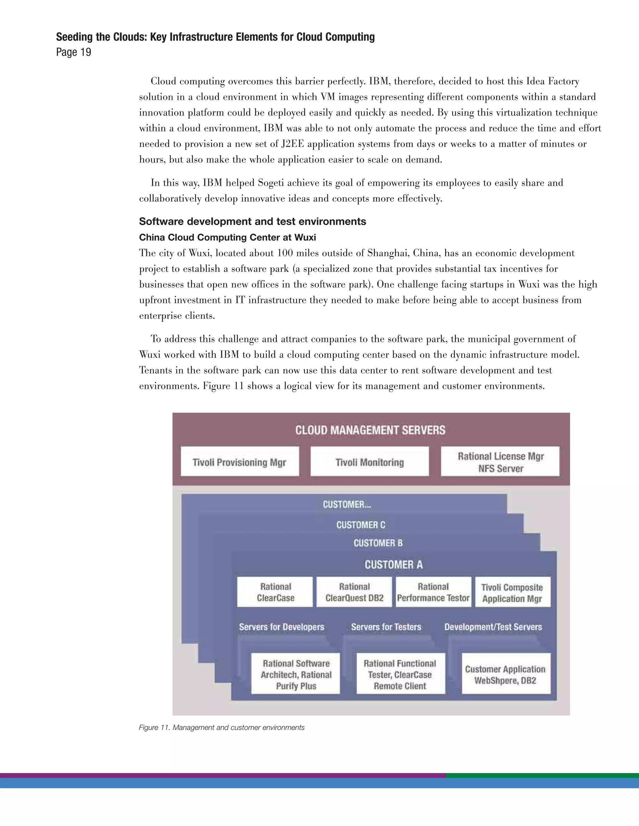 Seeding the Clouds: Key Infrastructure Elements for Cloud Computing
Page 19

                    Cloud computing overcomes this barrier perfectly. IBM, therefore, decided to host this Idea Factory
                 solution in a cloud environment in which VM images representing different components within a standard
                 innovation platform could be deployed easily and quickly as needed. By using this virtualization technique
                 within a cloud environment, IBM was able to not only automate the process and reduce the time and effort
                 needed to provision a new set of J2EE application systems from days or weeks to a matter of minutes or
                 hours, but also make the whole application easier to scale on demand.

                    In this way, IBM helped Sogeti achieve its goal of empowering its employees to easily share and
                 collaboratively develop innovative ideas and concepts more effectively.

                 Software development and test environments
                 China Cloud Computing Center at Wuxi
                 The city of Wuxi, located about 100 miles outside of Shanghai, China, has an economic development
                 project to establish a software park (a specialized zone that provides substantial tax incentives for
                 businesses that open new offices in the software park). One challenge facing startups in Wuxi was the high
                 upfront investment in IT infrastructure they needed to make before being able to accept business from
                 enterprise clients.

                   To address this challenge and attract companies to the software park, the municipal government of
                 Wuxi worked with IBM to build a cloud computing center based on the dynamic infrastructure model.
                 Tenants in the software park can now use this data center to rent software development and test
                 environments. Figure 11 shows a logical view for its management and customer environments.




                 Figure 11. Management and customer environments
 