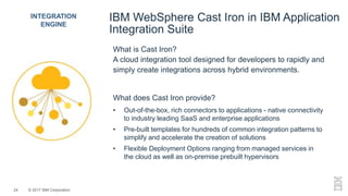 © 2017 IBM Corporation24
What is Cast Iron?
A cloud integration tool designed for developers to rapidly and
simply create integrations across hybrid environments.
What does Cast Iron provide?
• Out-of-the-box, rich connectors to applications - native connectivity
to industry leading SaaS and enterprise applications
• Pre-built templates for hundreds of common integration patterns to
simplify and accelerate the creation of solutions
• Flexible Deployment Options ranging from managed services in
the cloud as well as on-premise prebuilt hypervisors
INTEGRATION
ENGINE
IBM WebSphere Cast Iron in IBM Application
Integration Suite
 