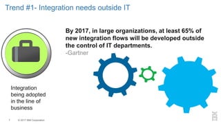© 2017 IBM Corporation7
Trend #1- Integration needs outside IT
Integration
being adopted
in the line of
business
7
By 2017, in large organizations, at least 65% of
new integration flows will be developed outside
the control of IT departments.
-Gartner
 