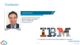 17Page © 2016 IBM Corporation
CONFIDENTIAL
Contacts:
Levent Tavsanci
Enterprise Applications Sales Leader,
IBM Cloud Services, Asia Pacific
Mobile: +65-9820-4102
levent@sg.ibm.com
“…a cognitive solutions and cloud platform company”
Virginia Rometty
 
