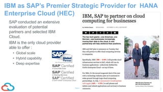 9Page © 2016 IBM Corporation
CONFIDENTIAL
IBM as SAP’s Premier Strategic Provider for HANA
Enterprise Cloud (HEC)
SAP conducted an extensive
evaluation of potential
partners and selected IBM
Cloud.
IBM is the only cloud provider
able to offer :
• Global scale
• Hybrid capability
• Deep expertise
 