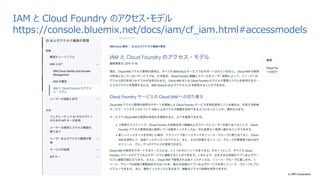 © IBM Corporation
IAM と Cloud Foundry のアクセス・モデル
https://console.bluemix.net/docs/iam/cf_iam.html#accessmodels
 