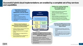 27
© 2016 IBM Corporation
Managed Services
Cloud Brokerage Services
Service
Catalog
Hybrid
Cloud Services
Innovation
Platform
Service
Mgmt &
Orch
Integration
Services
Managed Services
• Provision across providers through a
single portal
• Based on enterprise policies
• Enable controlled self service
• Workflows for managing approvals
and costs
• Tailored catalog using pre-built assets
speeding implementation
• Pattern maintenance as a managed
service
• Orchestration to manage patterns
and workflows
• Service Management integration to
extend policies and controls
• Industry best practices to build and
deliver innovative solutions
• Dev/Ops services speeds application
lifecycle
• Open by design to support born on the
cloud micro-services architectures
• Taps into 100s of services to rapidly
compose and deliver innovative solutions
• Gateway & connector services to
securely connect enterprise to the
cloud
• Deliver data closer to the end user
• API management services to expose
applications & data sets into API
economy.
• Base services across on and off
premises(e.g. patch, incident, backup)
• Modular services used based on workload
requirements
• Automated Dev/Ops for continuous delivery
and operations
Automation of the cloud
lifecycle for planning,
deployment, and cost control
Platform for creating, deploying
and managing the new
innovative solutions
Services providing secure access
for enterprise applications and
data to cloud
Modular managed services to meet
workload requirements and provide
options for support
Patterns based catalog to
automatically extend Enterprise IT
controls on & off premises
Successful hybrid cloud implementations are enabled by a complete set of key services
and capabilities
 