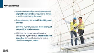 39
© 2016 IBM Corporation
Key Takeaways
– Hybrid cloud enables and accelerates the
digital transformation required to disrupt
– and to avoid being disrupted
– Enterprises require both IT flexibility and
control
– Effective hybridity requires more than just
connecting environments
– IBM has the comprehensive set of
integrated hybrid cloud capabilities and
expertise across all required layers of
cloud to meet your needs
 