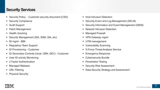 51
© 2016 IBM Corporation
Security Services
 Security Policy - Customer security document (CSD)
 Security Compliance
 Audit Support
 Patch Management
 Health checking
 Security Management (ISA, SSM, SIA, etc)
 ID mgmt - IBM
 Regulatory Team Support
 ID Provisioning - Customer
 ID Secondary Controls (reval, CBN, QEV) - Customer
 User ID activity Monitoring
 2 Factor Authentication
 Managed Malware
 URL Filtering
 Physical Security
 Host Intrusion Detection
 Security Event and Log Management (SELM)
 Security Information and Event Management (SIEM)
 Network Intrusion Detection
 Managed Firewall
 VPN Gateway mgmt
 UTM management
 Vulnerability Scanning
 X-Force Threat Analysis Service
 Emergency Response
 Cybersecurity Bundle
 Penetration Testing
 Security Risk Assessment
 Data Security Strategy and Assessment
 