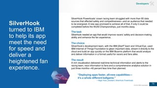 70
© 2016 IBM Corporation
SilverHook
turned to IBM
to help its app
meet the need
for speed and
deliver a
heightened fan
experience.
“Deploying apps faster, all-new capabilities—
it’s a whole different ballgame.”
—Nigel Hook, president, SilverHook Powerboats
The task
Silverhook needed an app that would improve racers’ safety and decision-making
ability and enhance the fan experience.
The choice
SilverHook’s development team, with the IBM jStart® team and Virtual Eye, used
IBM Internet of Things Foundation to glean important data, stream it directly to the
cloud and build an app quickly on the IBM Bluemix platform that would analyze
and deliver information in a format useful for racers and fans alike.
The result
A rich visualization delivered real-time technical information and alerts to the
racing team, race information to fans and a comprehensive analytics solution in
just three months—40 percent less time than planned.
SilverHook Powerboats’ ocean racing team struggled with more than 80 data
sources that affected safety and competitiveness—and an audience that needed
to be energized. A new app promised to achieve all of that, if only it could be
completed before the World Championships, just months away.
Developers
 