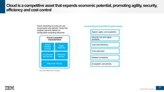 8
© 2016 IBM Corporation
Cloud isa competitive asset that expands economic potential, promoting agility, security,
efficiency and cost control
Source: NIST, IBM IBV Power of cloud study
Cloud’s essential
characteristics
Resource Pooling
Broad
Network
Access
Rapid
Elasticity
On-demand
self service
Measured
service
Cloud computing is a pay-per-use
consumption and delivery model that
enables real-time delivery of
configurable computing resources Speed, agility, and scalability
Cloud empowers 6 benefits for governments
Security rich and highly
available
Improved Efficiency
Cost optimized
Masked complexity
Ecosystem connectivity
 