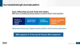 82
© 2016 IBM Corporation
Grow. Differentiate yourself. Build what matters.
IBM cloud is enabling business leaders to rethink what’s most important:
Powerful, accessible
analytics with
cognitive
World-class infrastructure | Digital innovation platform | Cloud business applications
DevOps
productivity
Choice of
run-times &
delivery
modes
Industrialized
hybrid cloud
IBM supports 47 of the top 50 Fortune 500 companies1
Your industrial-strength cloud data platform
 
