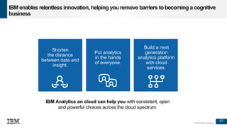 83
© 2016 IBM Corporation
IBM enables relentless innovation, helping you remove barriers tobecoming a cognitive
business
IBM Analytics on cloud can help you with consistent, open
and powerful choices across the cloud spectrum.
Put analytics
in the hands
of everyone.
Build a next
generation
analytics platform
with cloud
services.
Shorten
the distance
between data and
insight.
 