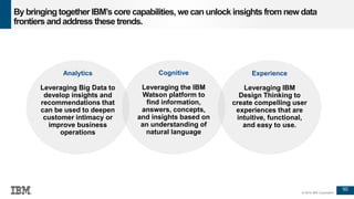 90
© 2016 IBM Corporation
Analytics
Leveraging Big Data to
develop insights and
recommendations that
can be used to deepen
customer intimacy or
improve business
operations
Cognitive
Leveraging the IBM
Watson platform to
find information,
answers, concepts,
and insights based on
an understanding of
natural language
Experience
Leveraging IBM
Design Thinking to
create compelling user
experiences that are
intuitive, functional,
and easy to use.
By bringing together IBM’s core capabilities, wecan unlock insights from new data
frontiers and address these trends.
90
 