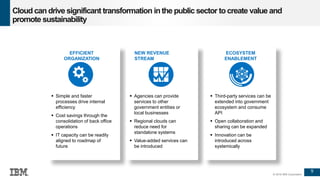 9
© 2016 IBM Corporation
Cloud can drive significant transformation inthe public sector to create value and
promote sustainability
EFFICIENT
ORGANIZATION
 Simple and faster
processes drive internal
efficiency
 Cost savings through the
consolidation of back office
operations
 IT capacity can be readily
aligned to roadmap of
future
NEW REVENUE
STREAM
 Agencies can provide
services to other
government entities or
local businesses
 Regional clouds can
reduce need for
standalone systems
 Value-added services can
be introduced
ECOSYSTEM
ENABLEMENT
 Third-party services can be
extended into government
ecosystem and consume
API
 Open collaboration and
sharing can be expanded
 Innovation can be
introduced across
systemically
 