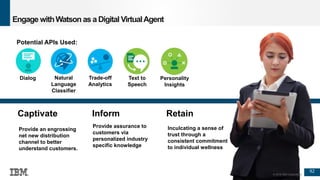 92
© 2016 IBM Corporation
Engage withWatson as a Digital VirtualAgent
92
Potential APIs Used:
Captivate
Provide an engrossing
net new distribution
channel to better
understand customers.
Inform
Provide assurance to
customers via
personalized industry
specific knowledge
Retain
Inculcating a sense of
trust through a
consistent commitment
to individual wellness
Dialog Natural
Language
Classifier
Trade-off
Analytics
Text to
Speech
Personality
Insights
© 2016 IBM Corporation
 