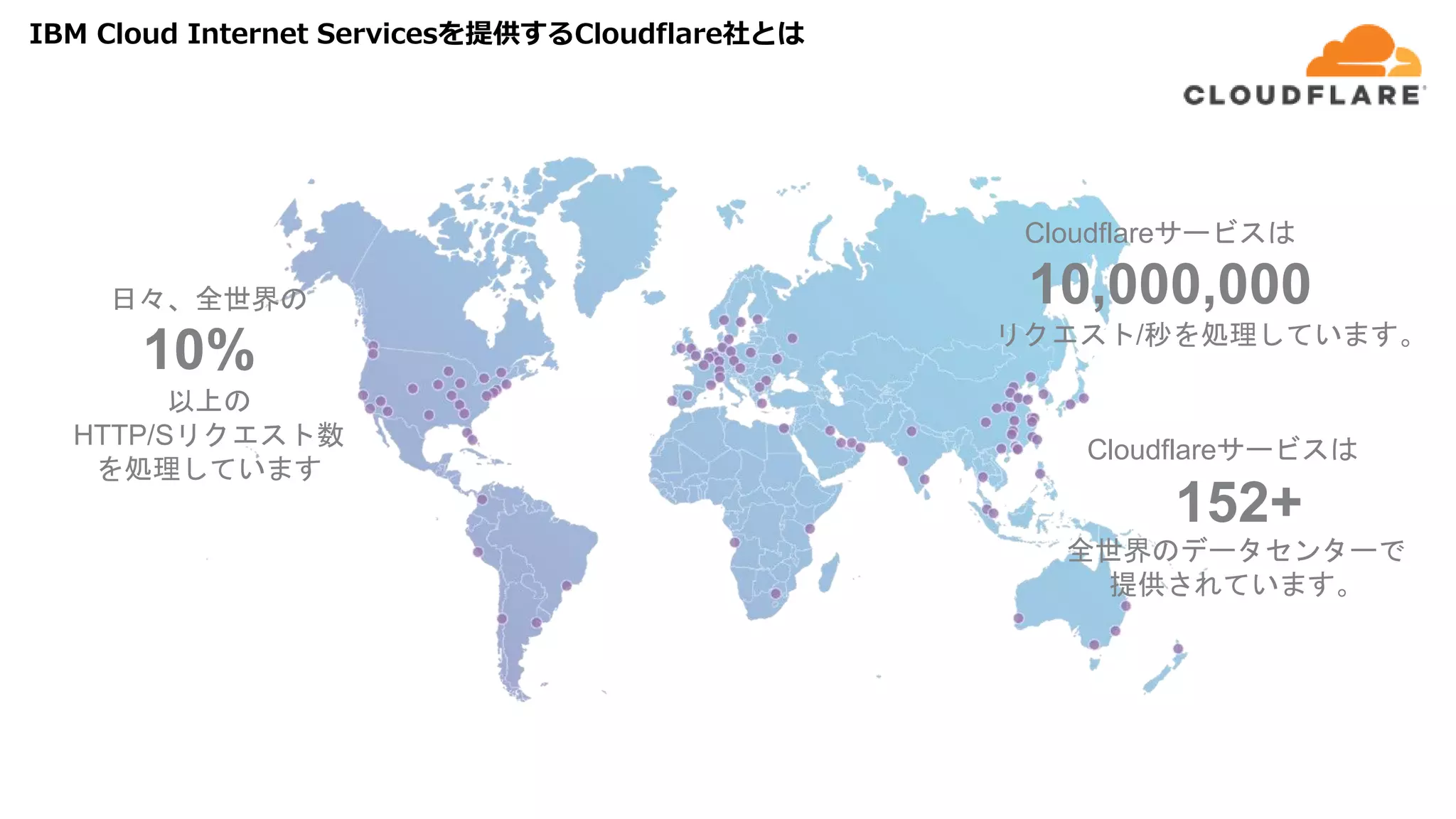 IBM Cloud Internet Servicesを提供するCloudflare社とは
152+
全世界のデータセンターで
提供されています。
10%
10,000,000
リクエスト/秒を処理しています。
日々、全世界の
以上の
HTTP/Sリクエスト数
を処理しています
Cloudflareサービスは
Cloudflareサービスは
 