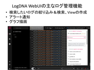 LogDNA WebUIの主なログ管理機能
• 検索したいログの絞り込み＆検索、Viewの作成
• アラート通知
• グラフ描画
 