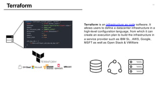 10
Terraform
Terraform is an infrastructure as code software. It
allows users to define a datacenter infrastructure in a
high-level configuration language, from which it can
create an execution plan to build the infrastructure in
a service provider such as IBM SL , AWS, Google,
MSFT as well as Open Stack & VMWare
 