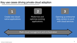 2
Key use cases driving private cloud adoption
Multi-cloud management and orchestration
Modernize and
optimize existing
applications
Opening up enterprise
data centers to work
with cloud services
Create new cloud-
native applications
1 2 3
IBM Cloud / © 2018 IBM Corporation
 