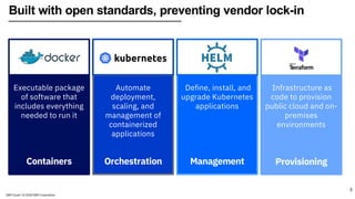 Built with open standards, preventing vendor lock-in
3
Automate
deployment,
scaling, and
management of
containerized
applications
Define, install, and
upgrade Kubernetes
applications
Executable package
of software that
includes everything
needed to run it
Text or image Text or image Text or image
Containers Orchestration Management
Infrastructure as
code to provision
public cloud and on-
premises
environments
Text or image
Provisioning
IBM Cloud / © 2018 IBM Corporation
 