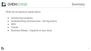 What we are going to speak about:
● Introducing ourselves
● Understanding microservices - the big picture
● REX
● Trends
● Business Ready : CopyCat on any cloud
2
Summary
 