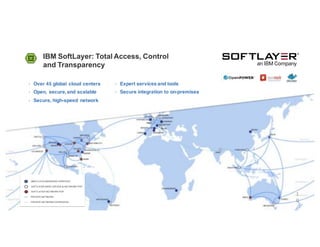 • Over 45 global cloud centers
• Open, secure,and scalable
• Secure, high-speed network
1
0
IBM SoftLayer: Total Access, Control
and Transparency
• Expert services and tools
• Secure integration to on-premises
 