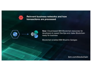 ibm.com/blockchain
New: Cloud-based IBM Blockchain resources for
developers to speed DevOps and make Blockchain
ready for business
Blockchain enabled IBM Bluemix Garages
Reinvent business networks and how
transactions are processed
 