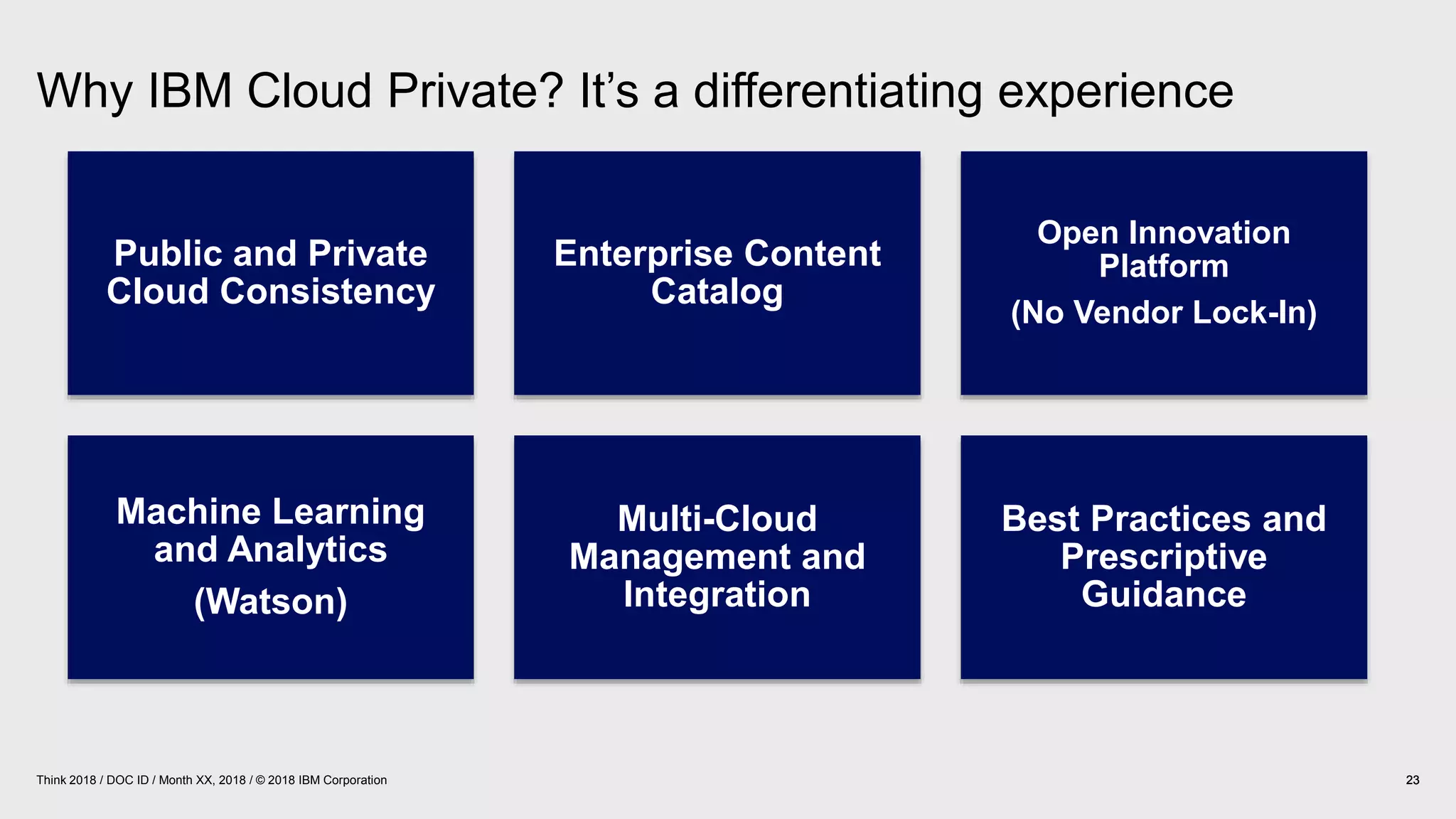 Why IBM Cloud Private? It’s a differentiating experience
23Think 2018 / DOC ID / Month XX, 2018 / © 2018 IBM Corporation 2323
Public and Private
Cloud Consistency
Enterprise Content
Catalog
Open Innovation
Platform
(No Vendor Lock-In)
Machine Learning
and Analytics
(Watson)
Multi-Cloud
Management and
Integration
Best Practices and
Prescriptive
Guidance
 
