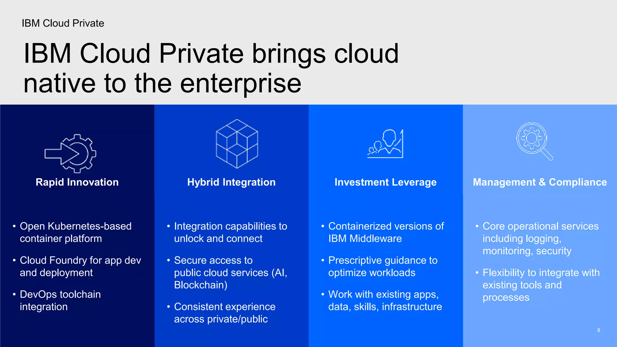 • Core operational services
including logging,
monitoring, security
• Flexibility to integrate with
existing tools and
processes
• Integration capabilities to
unlock and connect
• Secure access to
public cloud services (AI,
Blockchain)
• Consistent experience
across private/public
• Containerized versions of
IBM Middleware
• Prescriptive guidance to
optimize workloads
• Work with existing apps,
data, skills, infrastructure
• Open Kubernetes-based
container platform
• Cloud Foundry for app dev
and deployment
• DevOps toolchain
integration
8
Rapid Innovation Hybrid Integration Investment Leverage Management & Compliance
IBM Cloud Private
IBM Cloud Private brings cloud
native to the enterprise
 