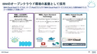 IBM Cloud
IBMのオープンクラウド環境の基盤として採用
IBM Cloud (IaaS サービス)は、オープンPaaSプロジェクト「IBM Cloud PaaS サービス」をはじめとした最新IBMテクノロ
ジーの基盤として活躍します
特徴1: AIの活用に
最適化されたCloud
特徴2: Open Standard
Technology
特徴3: Hybrid Cloudを
実現
IBM Cloudは様々な領域に
おけるAIやコグニティブサービス最適な活用を
実現するように設計されています。
• 30を超えるAI・コグニティブ
機能をAPIの形ですぐに活用。
• 動画や音声を含む様々なデータに対するアナリ
ティクスサービスを提供。
• IoTや機械学習、Block Chainといった最先端の
技術もすぐに利用が可能。
IBM CloudはOpen Standard Technologyによ
り、
ベンダーロックインを心配することなく利用でき
ます
• IBM CloudのIaaS・PaaSであるBluemixは
Cloud Foundryベースで構築。
• DockerやOpenStackといった技術も利用可
能。
• 最新のサーバーレステクノロジーである
OpenWhiskもオープンソースで提供。
IBM Cloudは企業がクラウド化を進める際に必要
不可欠なHybrid cloudを実現する
ためのクラウドです。
• ベアメタルやAPIを活用することで、既存IT資
産を活用したクラウド化を。
• ３つの提供形態を持つBluemixの活用によりオ
ンプレとクラウドを自在に組み合わせることが
可能。
• クラウドの利用だけでなく、グローバルネット
ワークも同時に無償で利用が可能に。
15
 