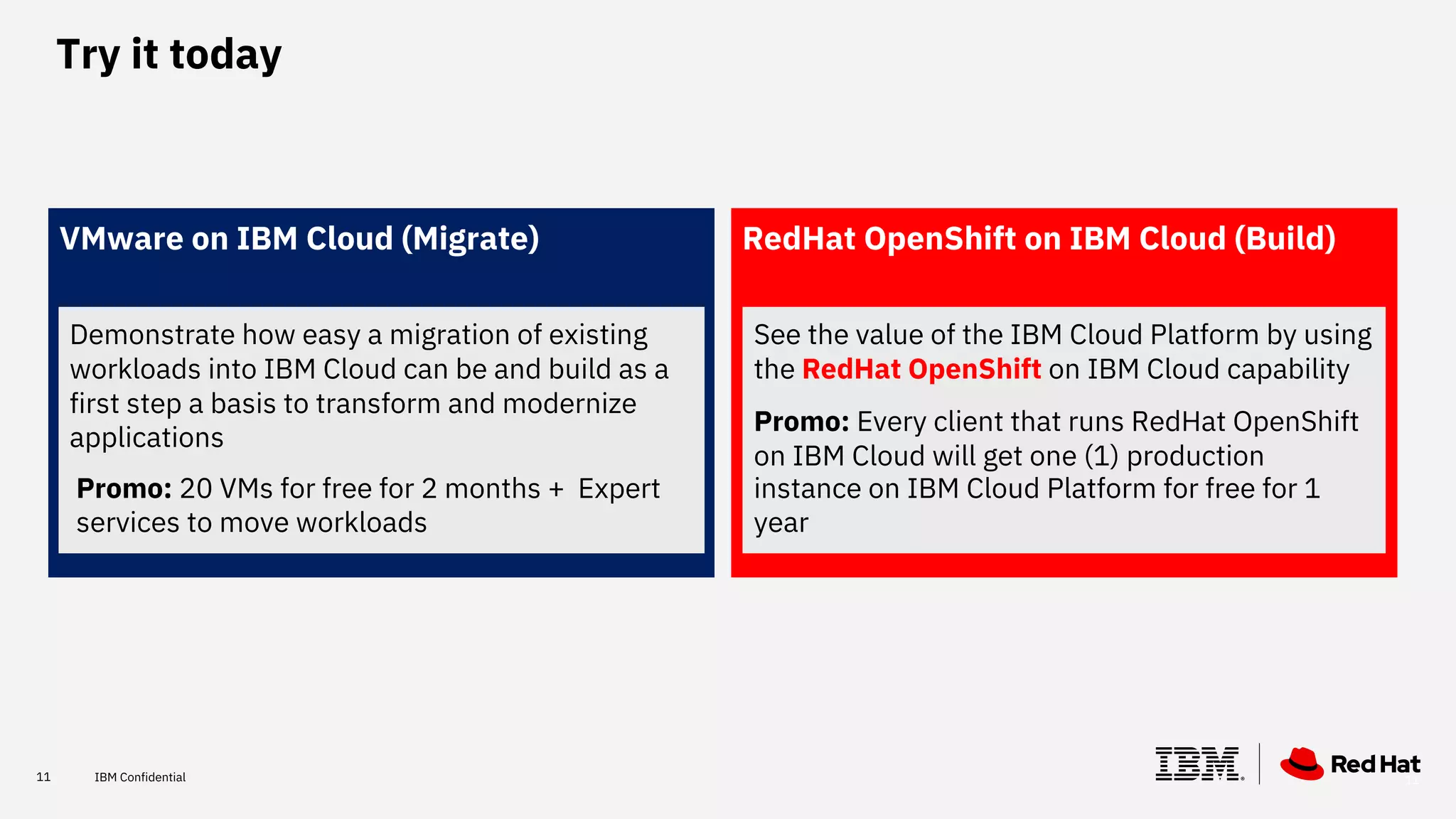 VMware on IBM Cloud (Migrate) RedHat OpenShift on IBM Cloud (Build)
See the value of the IBM Cloud Platform by using
the RedHat OpenShift on IBM Cloud capability
Promo: Every client that runs RedHat OpenShift
on IBM Cloud will get one (1) production
instance on IBM Cloud Platform for free for 1
year
11
Try it today
Demonstrate how easy a migration of existing
workloads into IBM Cloud can be and build as a
first step a basis to transform and modernize
applications
Promo: 20 VMs for free for 2 months + Expert
services to move workloads
11 IBM Confidential
 