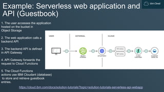 IBM Cloud
Example: Serverless web application and
API (Guestbook)
https://cloud.ibm.com/docs/solution-tutorials?topic=solution-tutorials-serverless-api-webapp
1. The user accesses the application
hosted on the bucket in
Object Storage
2. The web application calls a
backend API
3. The backend API is defined
in API Gateway
4. API Gateway forwards the
request to Cloud Functions
5. The Cloud Functions
actions use IBM Cloudant (database)
to store and retrieve guestbook
entries.
 