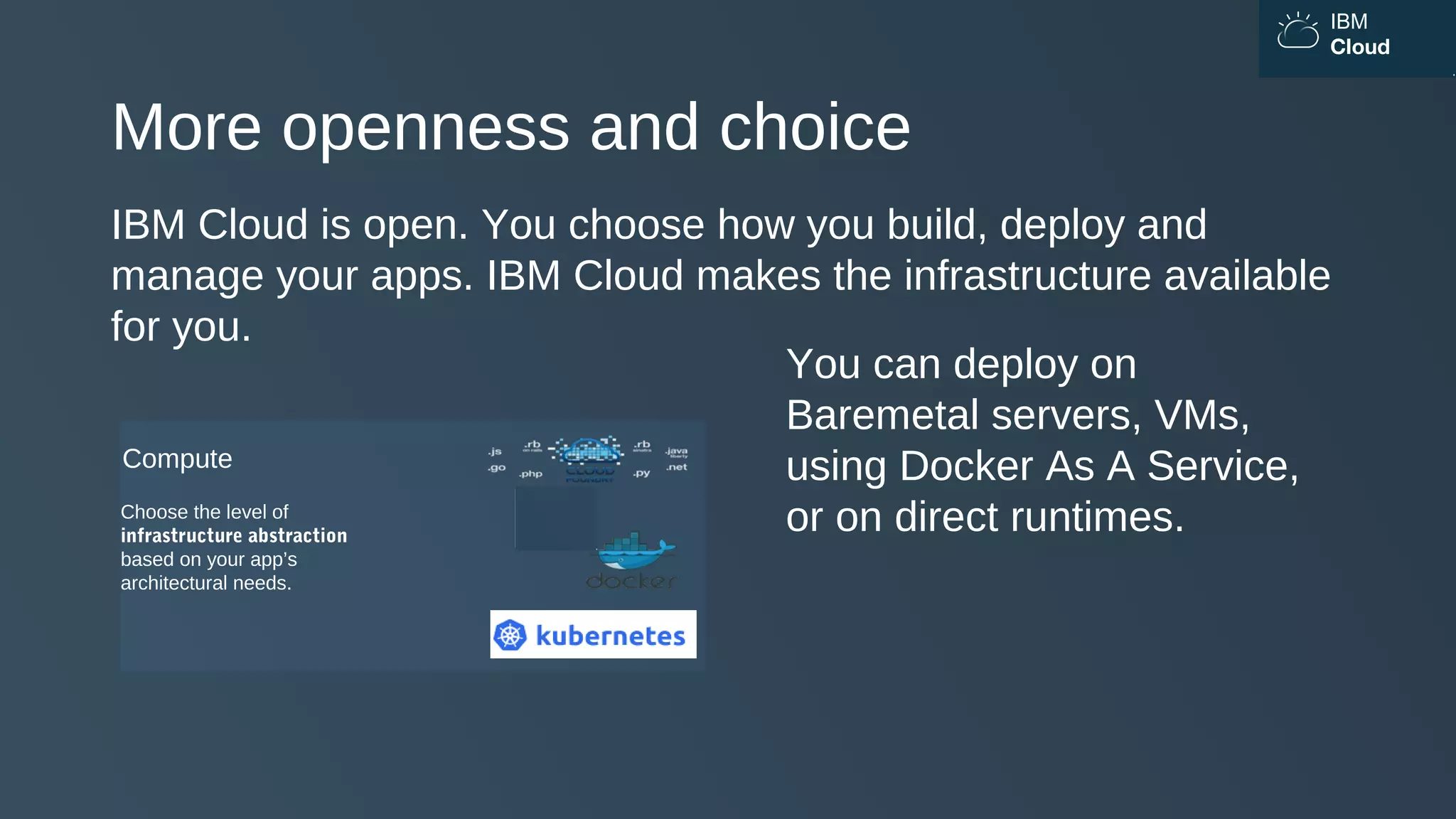 IBM
Cloud
More openness and choice
IBM Cloud is open. You choose how you build, deploy and
manage your apps. IBM Cloud makes the infrastructure available
for you.
Compute
Choose the level of
infrastructure abstraction
based on your app’s
architectural needs.
You can deploy on
Baremetal servers, VMs,
using Docker As A Service,
or on direct runtimes.
 