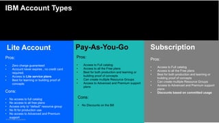 IBM Account Types
19
© 2019 IBM Corporation 19
Lite Account Pay-As-You-Go Subscription
Pros:
• Zero charge guaranteed
• Account never expires , no credit card
required.
• Access to Lite service plans
• Best for learning or building proof of
concepts
Cons:
• No access to full catalog
• No access to all free plans
• Access only to “default” resource group
• No fit for production use
• No access to Advanced and Premium
support
Pros:
• Access to Full catalog
• Access to all the Free plans
• Best for both production and learning or
building proof of concepts
• Can create multiple Resource Groups
• Access to Advanced and Premium support
plans
Cons:
• No Discounts on the Bill
Pros:
• Access to Full catalog
• Access to all the Free plans
• Best for both production and learning or
building proof of concepts
• Can create multiple Resource Groups
• Access to Advanced and Premium support
plans
• Discounts based on committed usage
 