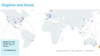 5
Regions and Zones
• 6 Regions (US Dallas ,
Washington DC , UK ,
Germany, Japan and
Australia )
• 18 Availability Zones
 