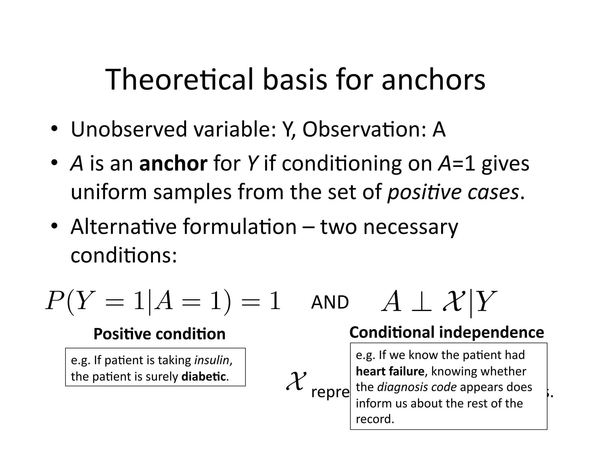 Theore@cal	
  basis	
  for	
  anchors	
  
•  Unobserved	
  variable:	
  Y,	
  Observa@on:	
  A	
  
•  A	
  is	
  an	
  anchor	
  for	
  Y	
  if	
  condi@oning	
  on	
  A=1	
  gives	
  
uniform	
  samples	
  from	
  the	
  set	
  of	
  posi8ve	
  cases.	
  
•  Alterna@ve	
  formula@on	
  –	
  two	
  necessary	
  
condi@ons:	
  
P(Y = 1|A = 1) = 1
Posi*ve	
  condi*on	
  
A ? X|Y
Condi*onal	
  independence	
  
AND	
  
X represents	
  all	
  other	
  observa@ons.	
  
e.g.	
  If	
  pa@ent	
  is	
  taking	
  insulin,	
  
the	
  pa@ent	
  is	
  surely	
  diabe*c.	
  
e.g.	
  If	
  we	
  know	
  the	
  pa@ent	
  had	
  
heart	
  failure,	
  knowing	
  whether	
  
the	
  diagnosis	
  code	
  appears	
  does	
  
inform	
  us	
  about	
  the	
  rest	
  of	
  the	
  
record.	
  
 