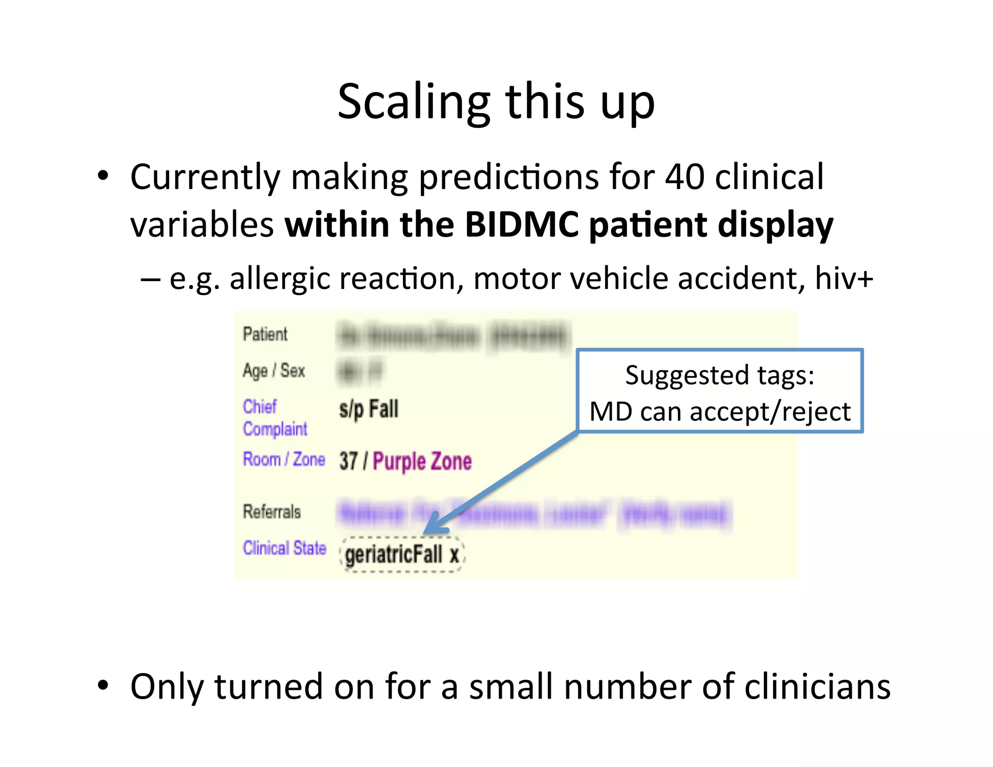 Scaling	
  this	
  up	
  
•  Currently	
  making	
  predic@ons	
  for	
  40	
  clinical	
  
variables	
  within	
  the	
  BIDMC	
  pa*ent	
  display	
  
– e.g.	
  allergic	
  reac@on,	
  motor	
  vehicle	
  accident,	
  hiv+	
  
•  Only	
  turned	
  on	
  for	
  a	
  small	
  number	
  of	
  clinicians	
  
Suggested	
  tags:	
  
MD	
  can	
  accept/reject	
  
 