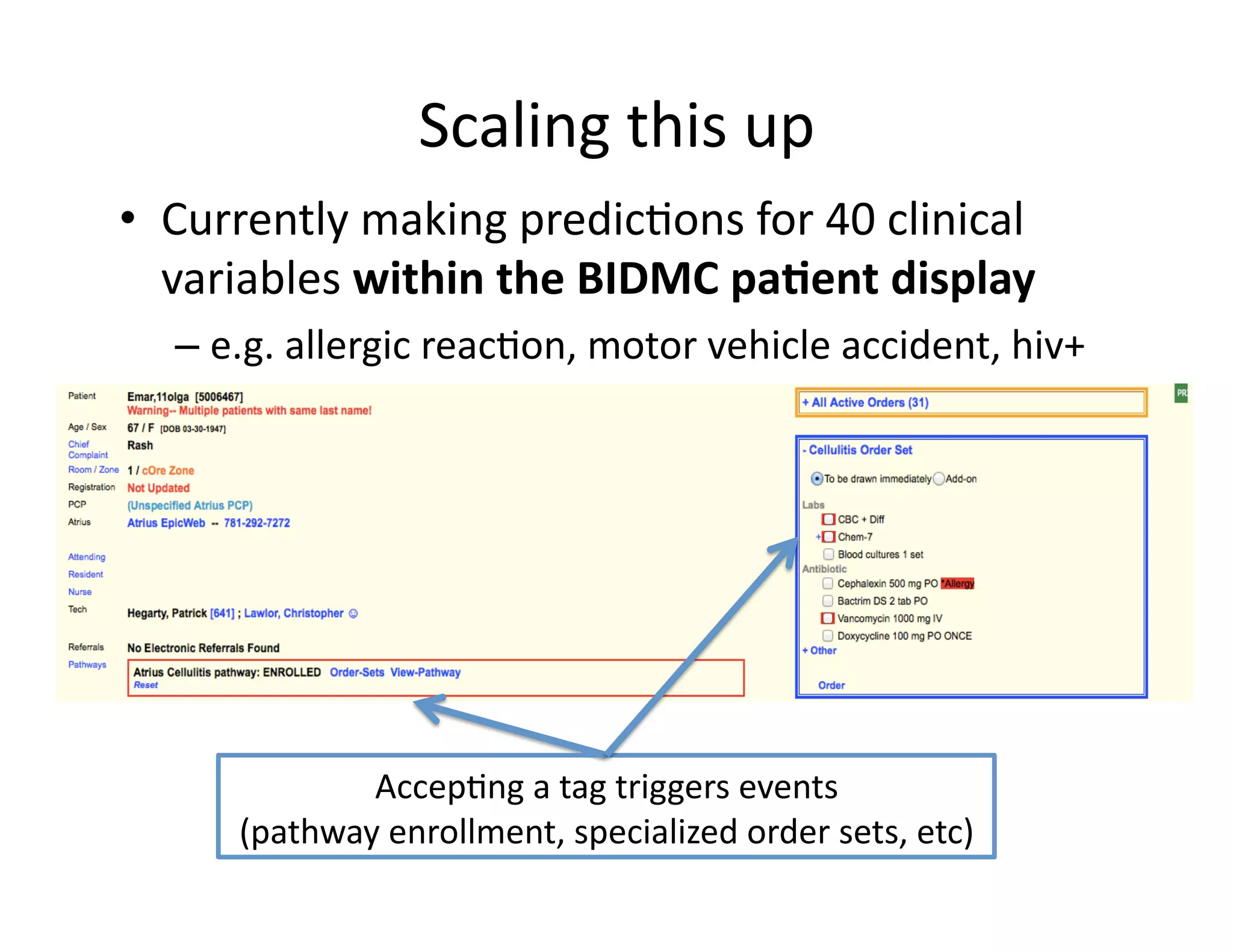 Scaling	
  this	
  up	
  
•  Currently	
  making	
  predic@ons	
  for	
  40	
  clinical	
  
variables	
  within	
  the	
  BIDMC	
  pa*ent	
  display	
  
– e.g.	
  allergic	
  reac@on,	
  motor	
  vehicle	
  accident,	
  hiv+	
  
Accep@ng	
  a	
  tag	
  triggers	
  events	
  	
  
(pathway	
  enrollment,	
  specialized	
  order	
  sets,	
  etc)	
  
 