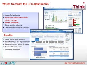 Where to create the CFO-dashboard?



      New unified workspace:
      Self service dashboard assembly
      Interact & analyze
      Share & collaborate
      Search assisted authoring
      Data exploration & ability to “do more”




      Benefits
       Faster time to better decisions
       Powerful analysis and in-place data exploration
       Better utilization of existing BI assets
       Business User self service
       Reduces IT bottlenecks




14                                                       IBM PERFORMANCE EVENTS
 