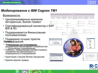 Моделирование с IBM Cognos TM1
Возможности:
 Централизованные хранение
метаданные, бизнес правил
 Сертифицированный коннектор к SAP
BW & R3
 Поддерживается Финансовыми
пользователями
 Поддержка лучших практик
планирования
– Планирование по драйверам
– Скользящее планирование
Выгоды:
 Возможность соответствовать
динамически меняющимся потребностям
 Гибкость, позволяющая соответствовать
потребностям финансового и
операционного планирования
 Адаптация к вашим бизнес процессам
 Единая версия правды
 