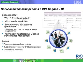 Пользовательская работа c IBM Cognos TM1
Возможности:

Web & Excel интерфейс
 «Сложный» Workflow
 Возможность объединять
приложения
–Начать с малого и расширить на все
предприятие
 Компонент платформы Cognos
Performance Managment
Выгоды:
 Ускорение сроков сбора планов
 Высокая вовлеченность & Объемы данных
 Повышение точности
 