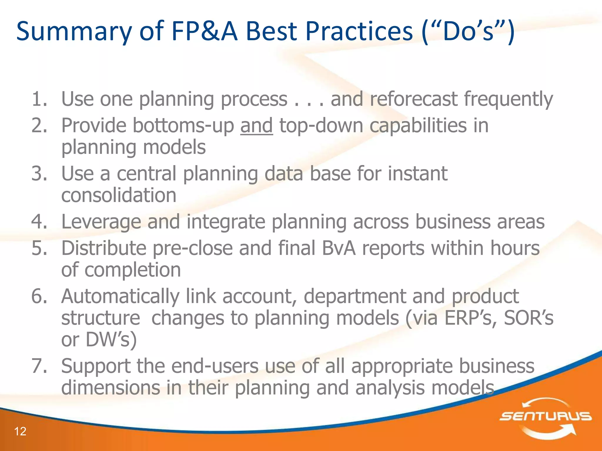 Summary of FP&A Best Practices (“Do’s”)

     1. Use one planning process . . . and reforecast frequently
     2. Provide bottoms-up and top-down capabilities in
        planning models
     3. Use a central planning data base for instant
        consolidation
     4. Leverage and integrate planning across business areas
     5. Distribute pre-close and final BvA reports within hours
        of completion
     6. Automatically link account, department and product
        structure changes to planning models (via ERP’s, SOR’s
        or DW’s)
     7. Support the end-users use of all appropriate business
        dimensions in their planning and analysis models

12
 