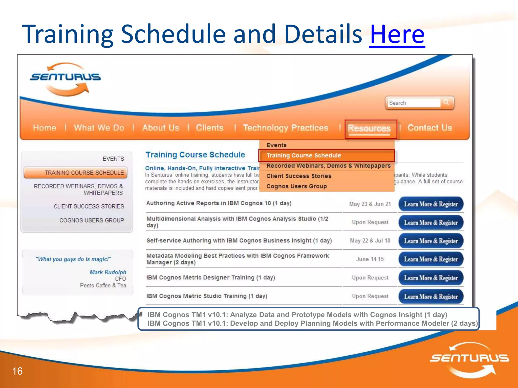 Training Schedule and Details Here




           IBM Cognos TM1 v10.1: Analyze Data and Prototype Models with Cognos Insight (1 day)
           IBM Cognos TM1 v10.1: Develop and Deploy Planning Models with Performance Modeler (2 days)




16
 