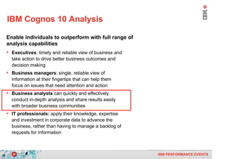 IBM Cognos 10 Analysis

     Enable individuals to outperform with full range of
     analysis capabilities
     • Executives: timely and reliable view of business and
       take action to drive better business outcomes and
       decision making
     • Business managers: single, reliable view of
       information at their fingertips that can help them
       focus on issues that need attention and action
     • Business analysts can quickly and effectively
       conduct in-depth analysis and share results easily
       with broader business communities
     • IT professionals: apply their knowledge, expertise
       and investment in corporate data to advance the
       business, rather than having to manage a backlog of
       requests for information



10                                                            IBM PERFORMANCE EVENTS
 