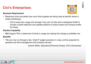 Cici’s Enterprises
     Business Requirement
     • Determine more accurately how much food supplies are being used at specific stores in
       certain timeframes.
         – CiCi’s tracks item usage and average “tray cost” as they test a redesigned buffet to
             include a hybrid salad bar and updated stations to reduce waste and increase profits
             for stores.
     Solution Capability
     • IBM Cognos TM1 to determine if trends in usage are making this change a profitable one
     Benefits
     • “We can now run through a few “what-if” budget scenarios in a day, and be prepared for
       questions we think management and investors will ask.”
                                  Jessica White, Operations/Financial Analyst, CiCi’s Enterprises




18                                                                          IBM PERFORMANCE EVENTS
 