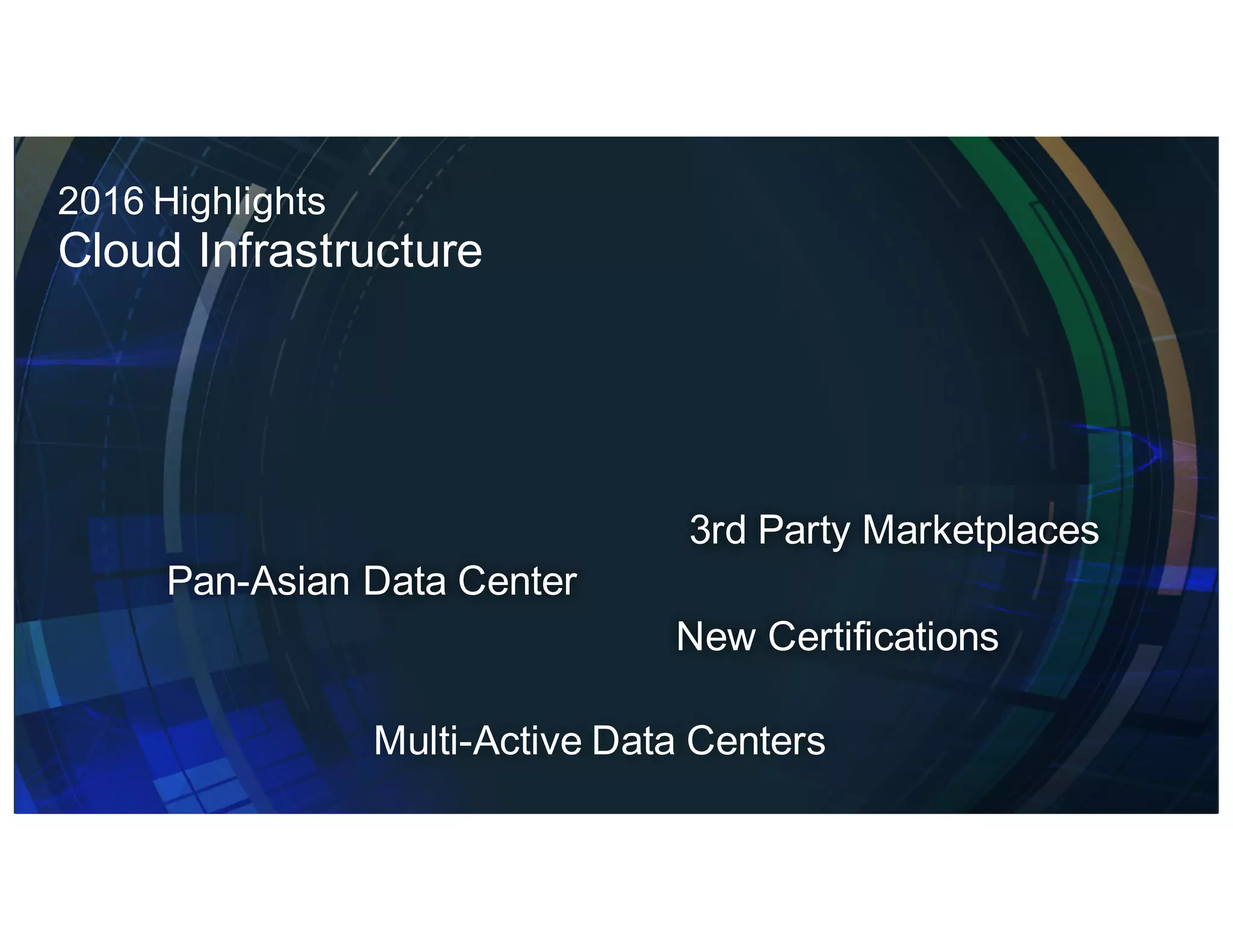 Multi-Active Data Centers
Pan-Asian Data Center
New Certifications
3rd Party Marketplaces
2016 Highlights
Cloud Infrastructure
 