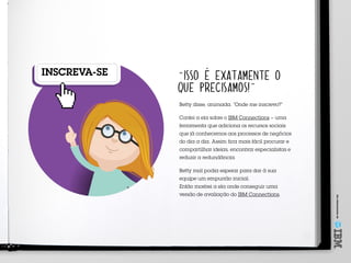 Umoferecimentode
INSCREVA-SE “ISSO É EXATAMENTE O
QUE PRECISAMOS!”
Betty disse, animada. “Onde me inscrevo?”
Contei a ela sobre o IBM Connections – uma
ferramenta que adiciona os recursos sociais
que já conhecemos aos processos de negócios
do dia a dia. Assim fica mais fácil procurar e
compartilhar ideias, encontrar especialistas e
reduzir a redundância.
Betty mal podia esperar para dar à sua
equipe um empurrão inicial.
Então mostrei a ela onde conseguir uma
versão de avaliação do IBM Connections.
 